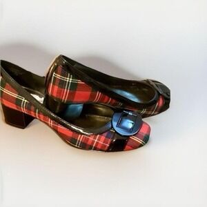Anne Klein Vtg Red Black Women's Sz 6.5 Block Heel Pumps Classic Plaid Preppy